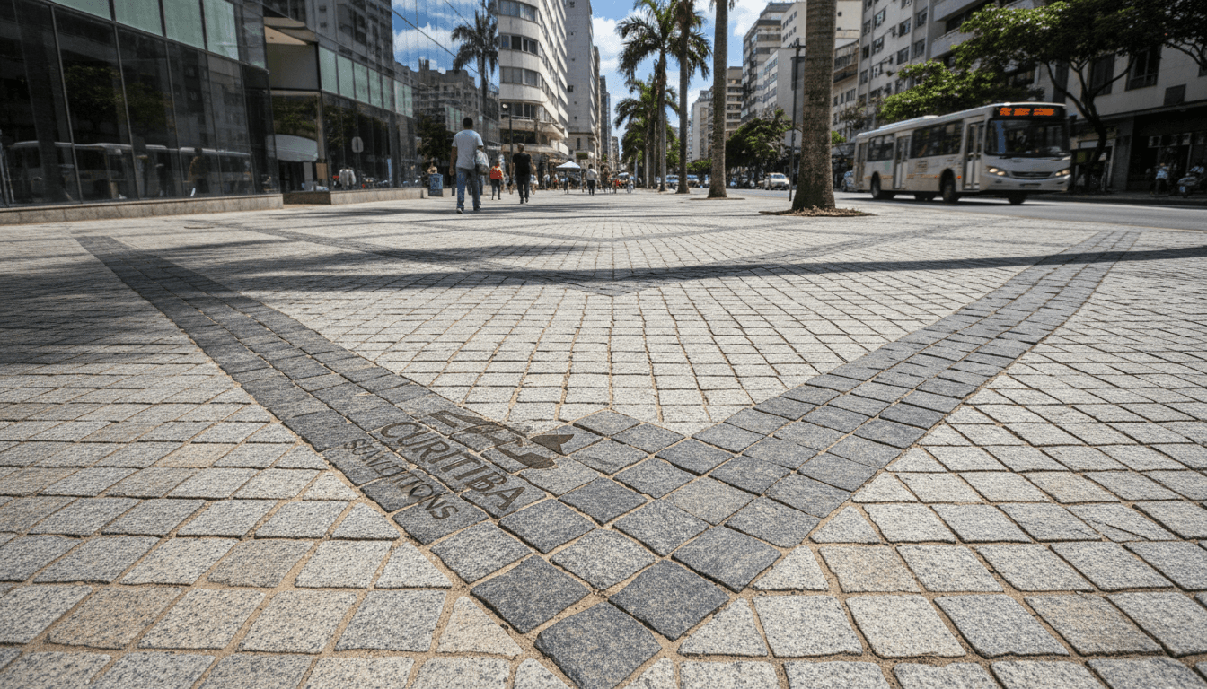 Freshly installed cobblestone sidewalk with precise geometric patterns in an urban setting